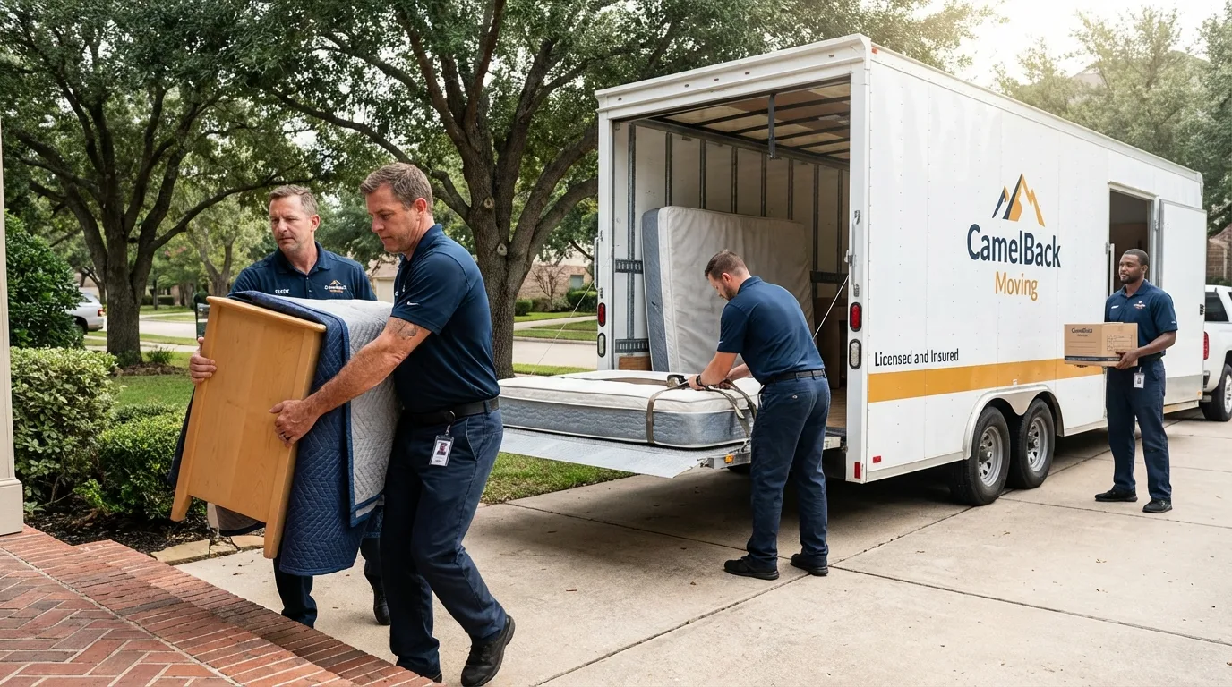 Crew loading residential truck for cross-state move from Muskogee, OK
