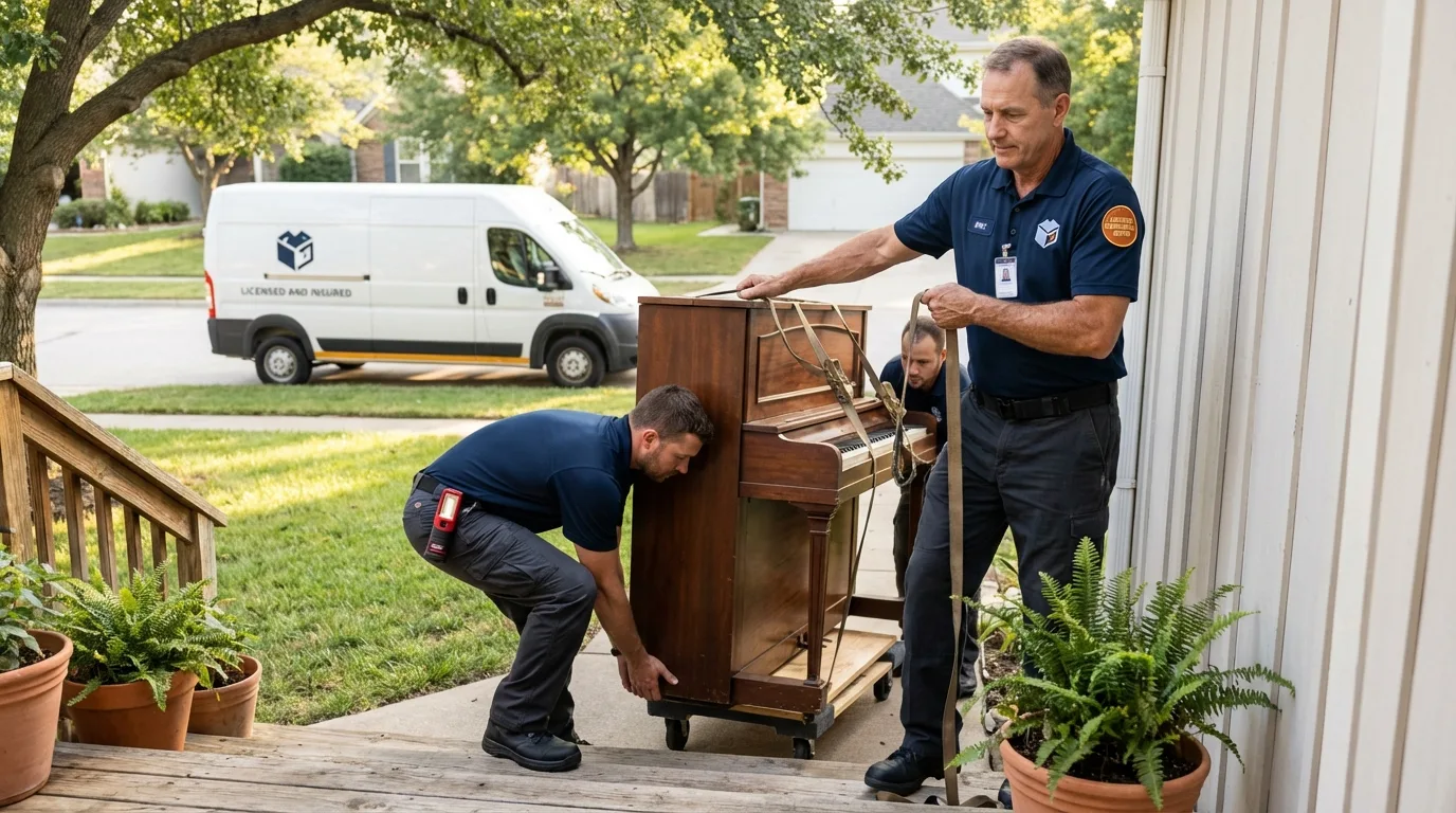 Licensed piano movers securing grand piano in Muskogee, OK