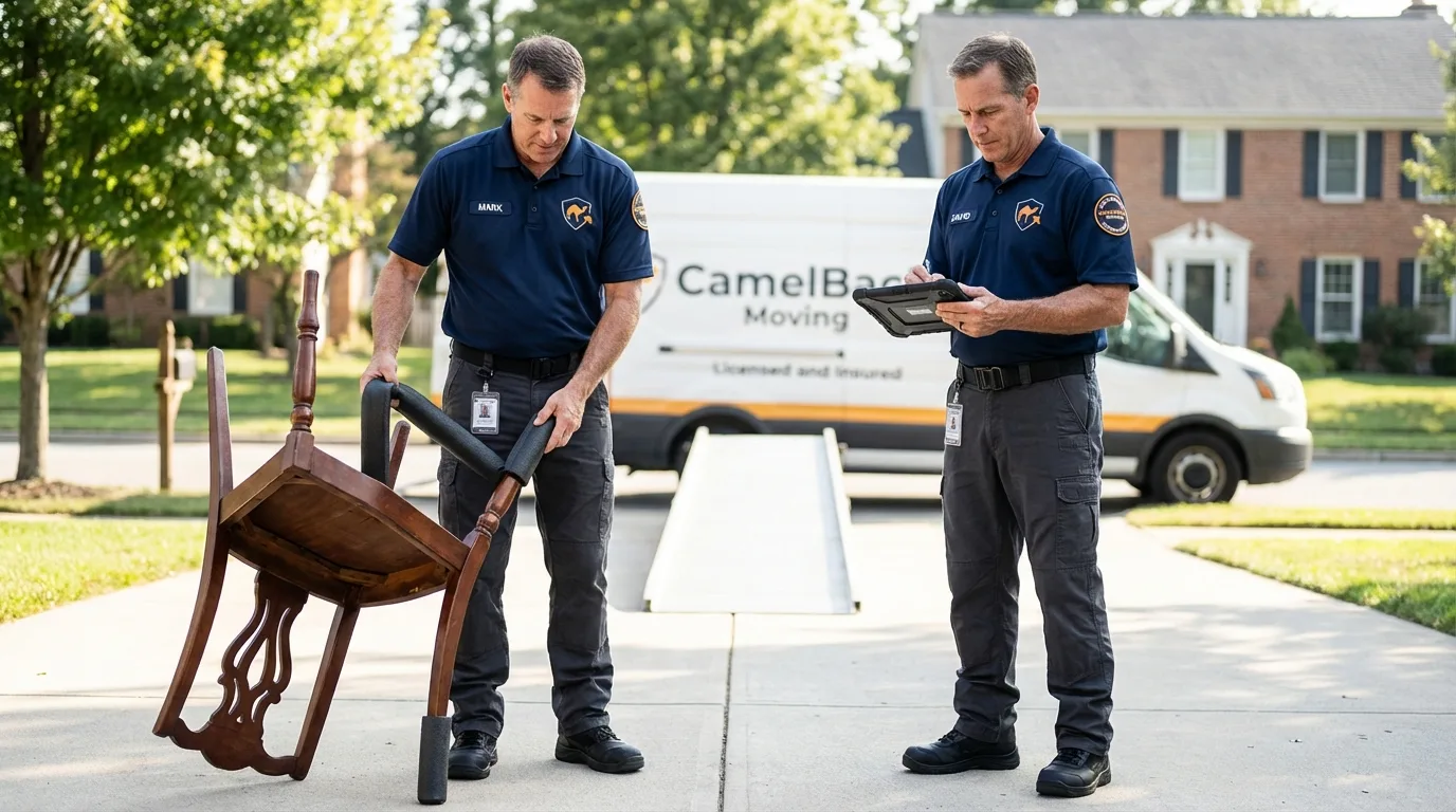 Movers inspecting furniture for damage prevention before loading in Muskogee, OK