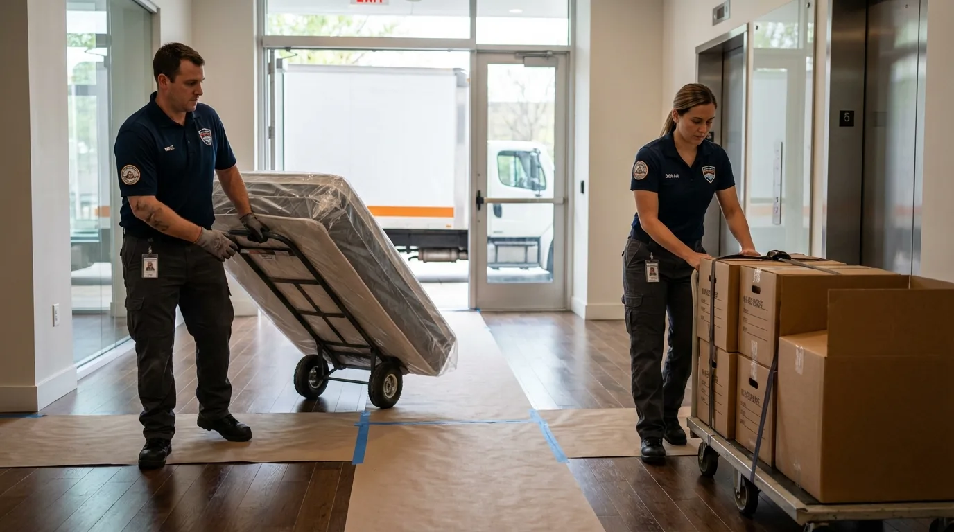 Professional apartment movers loading elevator in Muskogee, OK