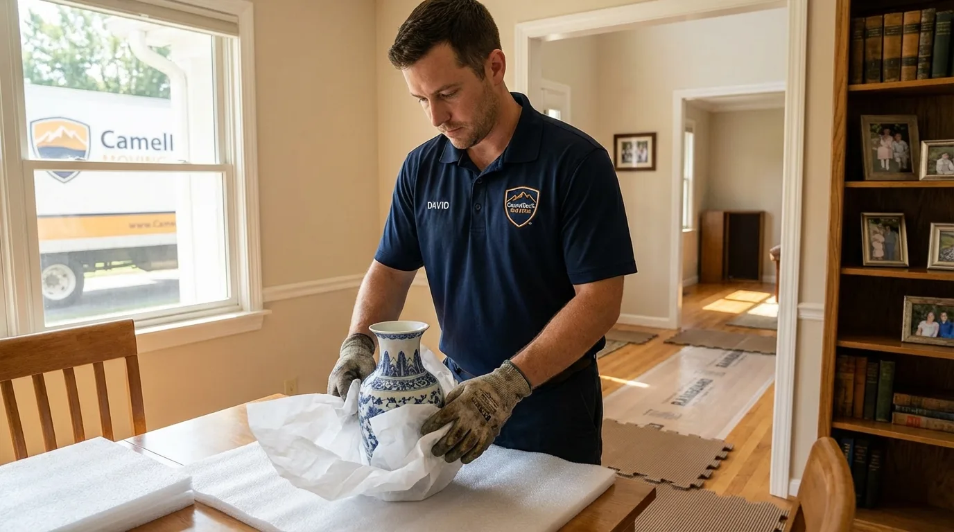 Professional crew carefully wrapping antique vase for senior downsizing move in Muskogee, OK